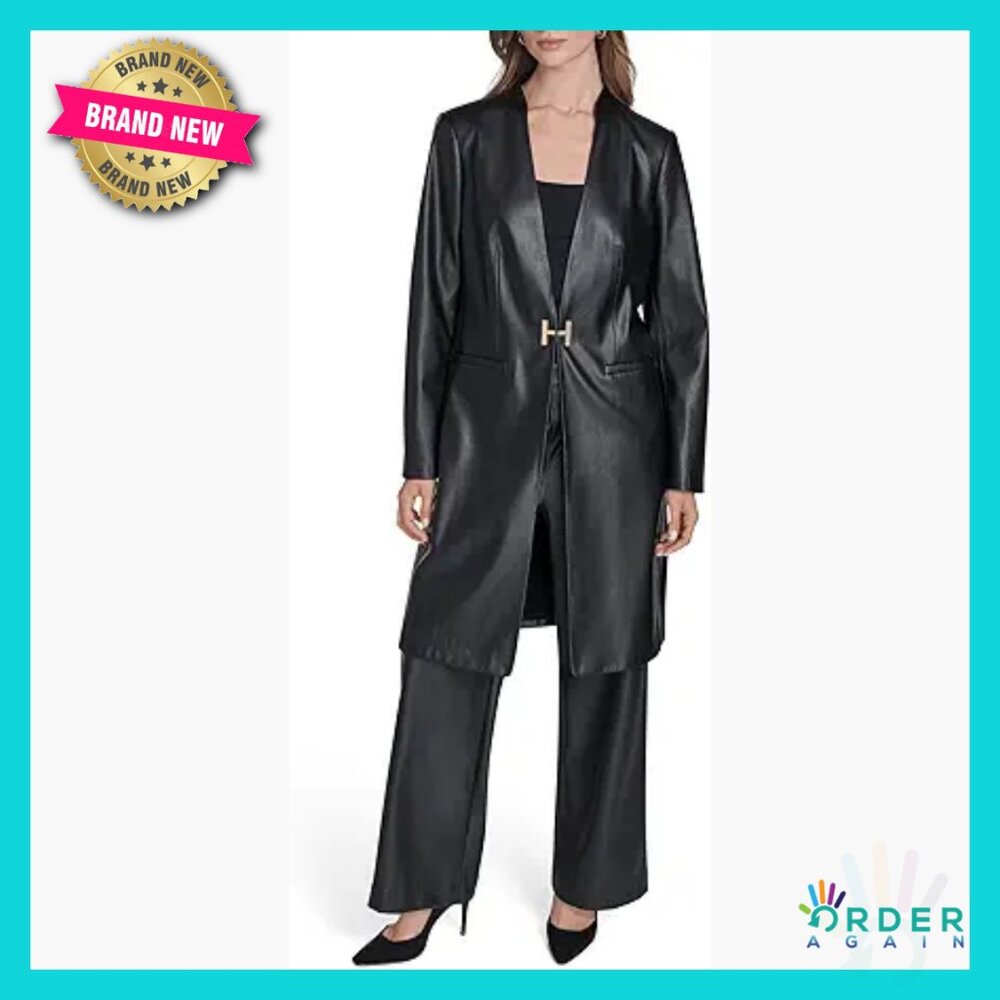 Long Vegan Leather Jacket Gold Hardware Chic Elegant Minimal Oversized